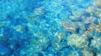 Fototapeta premium Clear blue water with rocks visible beneath the surface in sunlight