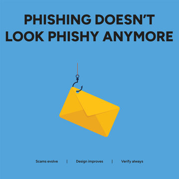 Phishing scam awareness graphic with a yellow email envelope on a fish hook against a blue background
