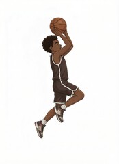 Obraz premium A 3D cartoon illustration shows an active young boy basketball player jumping toward the basket while holding a ball during a competitive sports game action