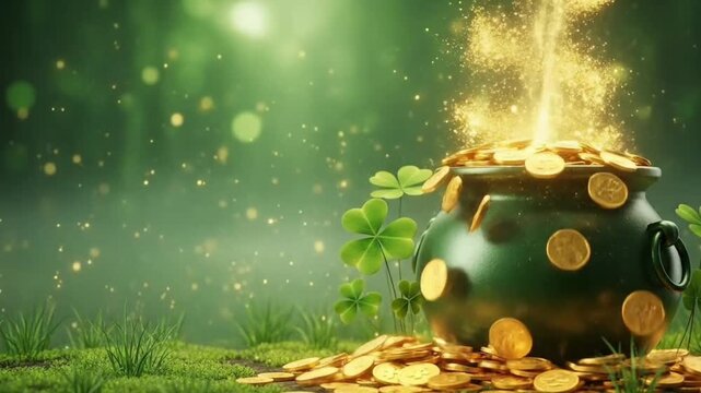 Glowing gold coins floating upward from green cauldron with smooth animated motion and magical clover elements inspired by Saint Patricks Day theme