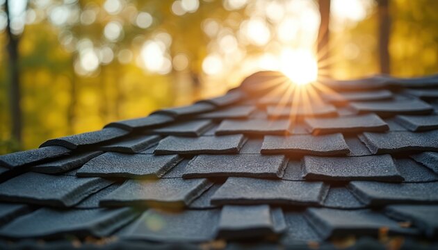 Dark grey asphalt shingles on a house roof. Sun rays shine through yellow autumn trees creating warm light and shadow play. Classic building exterior detail.