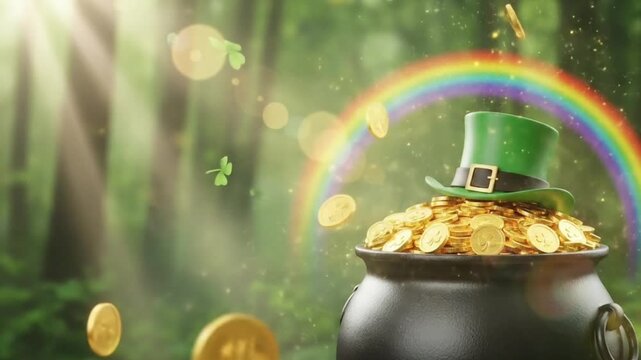 Floating gold coins and clovers in smooth motion creating animated magical scene with rainbow inspired by Saint Patricks Day festive folklore