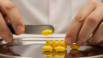 Pharmacist Carefully Cuts Yellow Pill in Half on Tray.