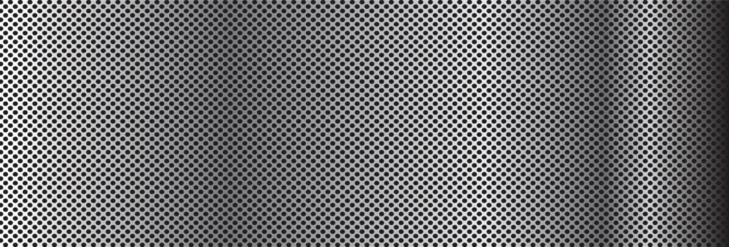 Perforated Metal Mesh Background With Symmetrical Holes and Industrial Geometric Design. A close-up view of a metallic surface with circle. Vector
