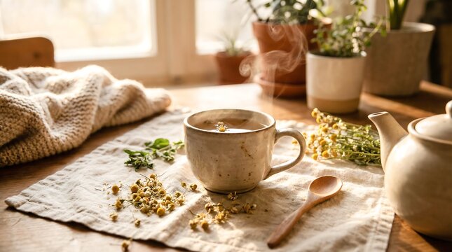 Steaming cup of herbal tea with chamomile flowers and teapot. Cozy and warm drink for relaxation and well-being. Wellness beverage concept.