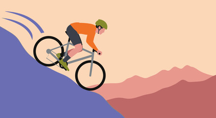 Cyclist riding down a steep mountain slope with a scenic landscape. © Abhinaya Project