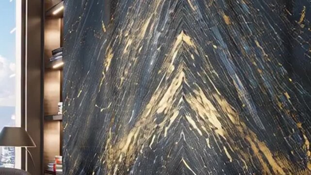 Luxurious dark marble wall with golden chevron pattern in a modern interior setting.