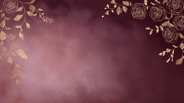 Elegant mauve texture background with gold floral accents and copy space