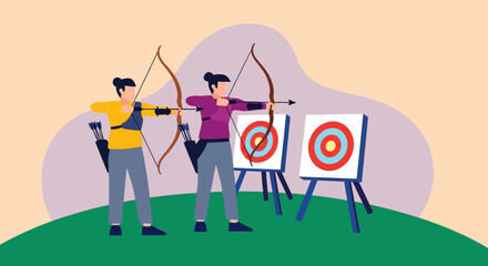 Two archers aiming at targets on easels in a serene landscape.