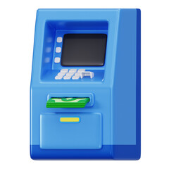 3D illustration of blue ATM machine dispensing cash money