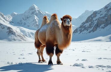Bactrian camel stands in snowy mountain landscape. Animal with thick fur survives cold winter day in remote wilderness. Camel treks across white snow covered terrain, facing the camera.