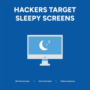 Idle device security warning with a computer monitor in sleep mode on a blue background