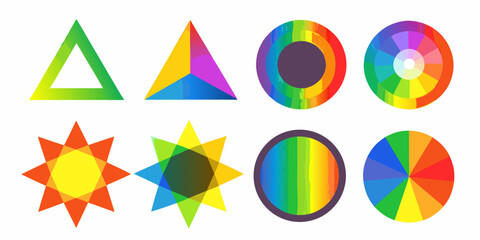 Obraz premium Colorful geometric shapes including triangles circles and starbursts are displayed