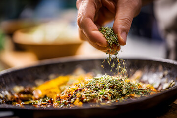 Chef adds herbs to a pan during a cooking session in a kitchen