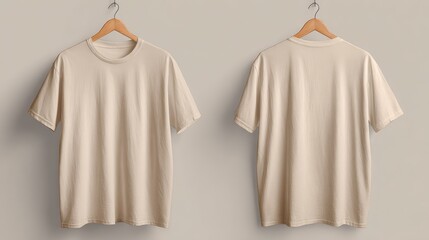 Plain Beige T-Shirt Hanging on Wooden Hanger Displaying Front and Back Views for Apparel Mockup or Fashion Display Use in Minimalistic Style