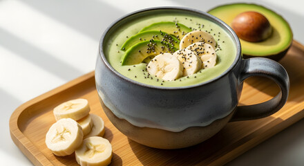 Green Smoothie with Banana Slices in Mug.