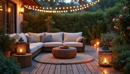 Obraz premium Cozy patio at dusk with sectional sofa comfortable cushions, string lights. Ornate lanterns glow casting warm light on wooden deck. Green plants, fruit trees surround relaxing outdoor living space.