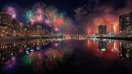 Fototapeta premium Colorful Fireworks Display Over Urban Skyline Reflected in Water at Night with Vibrant Lights Creating a Festive Atmosphere and Celebratory Ambiance