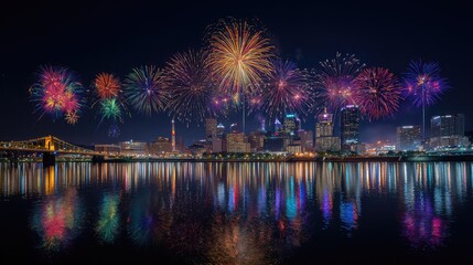 Spectacular Night Skyline with Colorful Fireworks Over Water in Cityscape Reflection, Celebratory Atmosphere, Illuminated Urban Skyline, Vibrant Firework Display