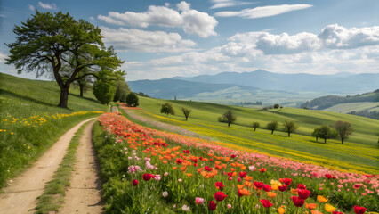 Scenic countryside dirt path through vibrant wildflower meadow with trees and mountains under blue sky