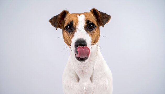 Adorable close-up of a dog with brown spots, licking its nose