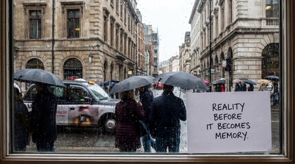 People with umbrellas on rainy city street with thought-provoking sign,Generated Image