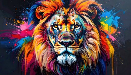 Colorful Lion Digital Painting with Splattered Paint on Dark Background with Shades of Red Orange Yellow Pink Blue and Black