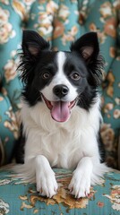 Fototapeta premium Dog sitting on top of a chair with its tongue out.