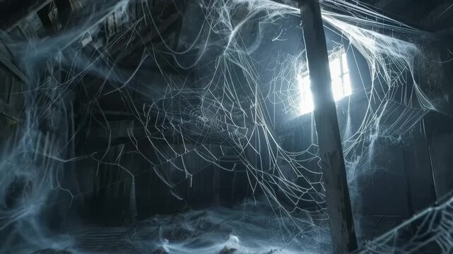 Abandoned web-filled interior: A eerie scene captures an ancient, desolate interior, with spiderwebs weaving intricate patterns, bathed in soft, evocative light. 