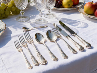 Elegant silverware set (forks, spoons, knives) arranged on a white outdoor tablecloth with crystal glassware and fresh fruits. Perfect for formal dining, parties, or luxury events.