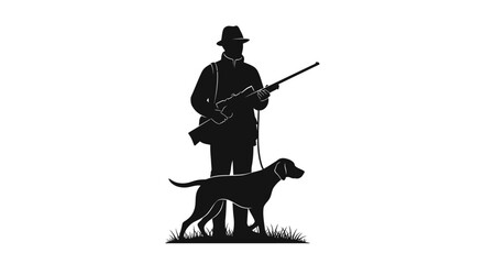A hunter stands with a rifle and a dog at his side depicted as a striking black silhouette high quality professional © CreativeAkash099