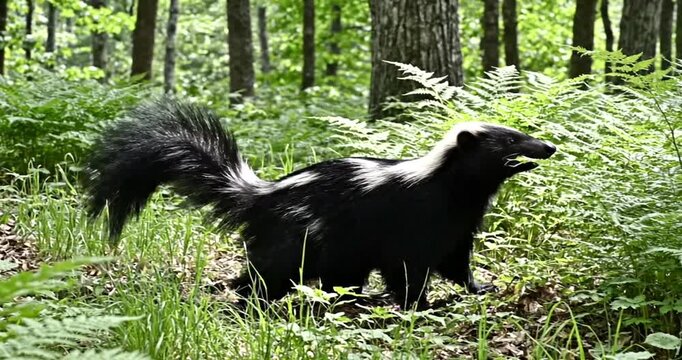 Skunk exploring lush green forest floor among ferns and trees