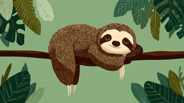 Lazy Days of a Sloth: A charming sloth hangs serenely on a tree branch, embodying the tranquility of a leisurely life amidst a vibrant, green forest setting.