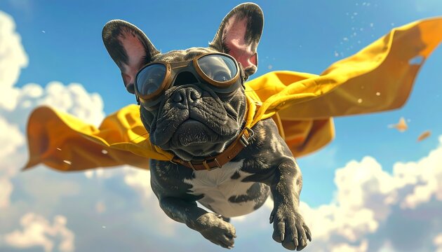 A flying dog wearing yellow cape and goggles soars through sky