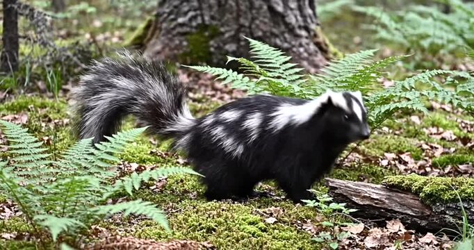 Striped skunk exploring lush forest floor among ferns and mossy logs