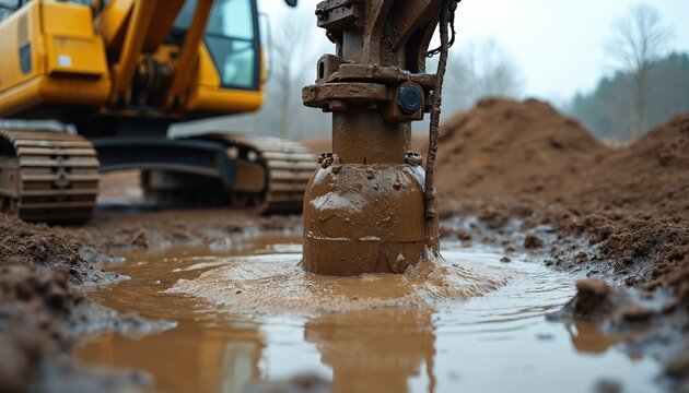 Submersible pump removes muddy water from construction site. Excavator is parked nearby. Heavy machinery works on foundation building project.