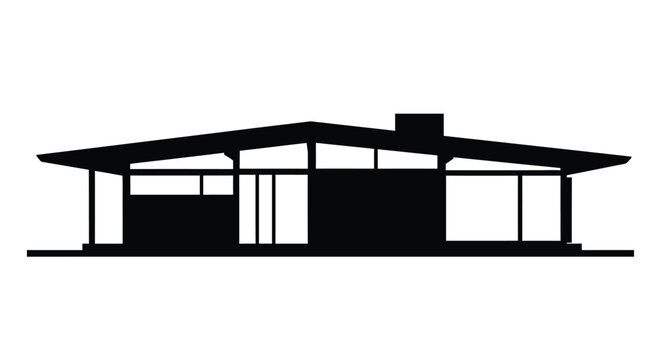 A striking black silhouette depicts a mid century modern style home with clean lines and a prominent chimney silhouette high quality professional