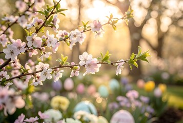 Cherry blossom branch with delicate pink flowers and green leaves with water drops. Spring garden background with blurred Easter eggs.