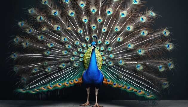 Male peacock displays vibrant fanned tail feathers. Bird shows iridescent blue green plumage. Animal stands against dark backdrop, posing gracefully. Nature beauty unfolds in full splendor.