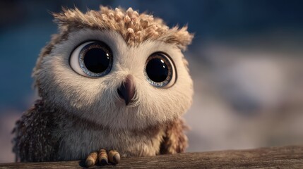 Obraz premium Owl's Curious Gaze: A charming baby owl captivates with its big, endearing eyes, exuding innocence and wonder, perched delicately, inviting connection and inspiring awe.