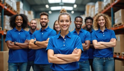 Obraz premium Diverse team of smiling workers in blue shirts stand arms crossed in a warehouse. They pose confidently for photo amidst shelves piled high with boxes and machinery.
