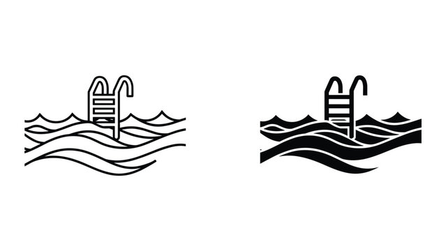 Simple line art swimming pool ladder icon set