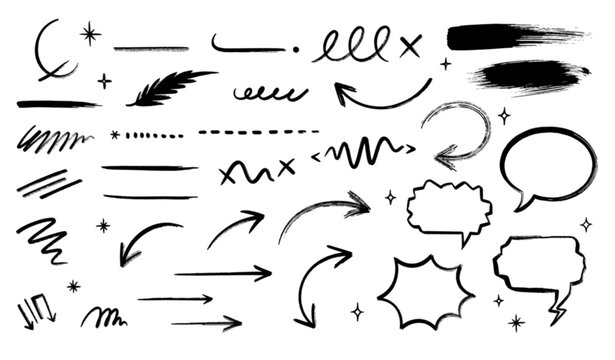 Hand Drawn Sketch Underline and Arrow Brush Stroke Vector Set on White Background