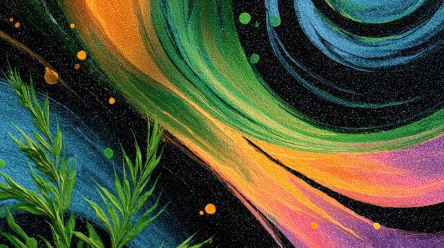 Abstract Colorful Swirl with Greenery in Artistic Composition Featuring Bold Blues, Vivid Oranges, and Dynamic Brush Strokes Emphasizing Movement and Texture