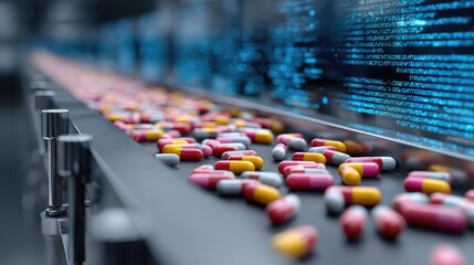Colorful Capsules Moving on a Conveyor Belt in a Modern Pharmaceutical Lab Surrounded by Digital Data and Technology Concept