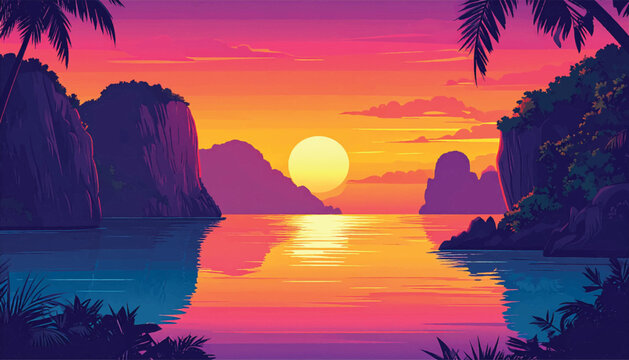 Golden sunset bay surrounded by lush palms and cliffs. Peaceful tropical inlet glowing beneath colorful dusk sky. Exotic coastal evening scene with radiant sun reflection