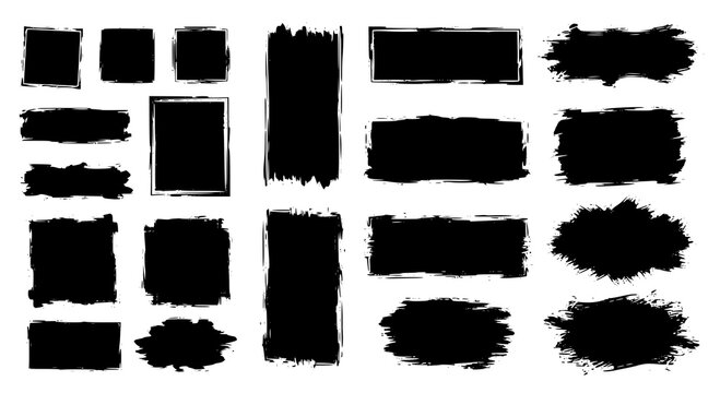 Black vector rough edge rectangles. Grunge square frames set. Jagged edge torn paper background collection. Paint brush strokes. Grungy distressed text boxes. Transparent background PNG version.