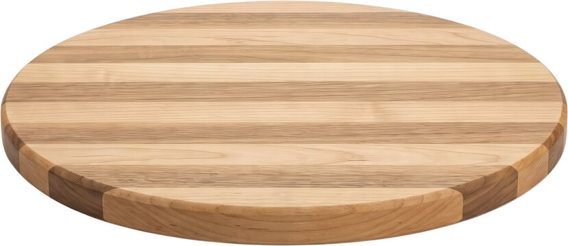 Round wooden cutting board featuring alternating light and dark wood planks with a warm natural grain texture round cutting board butcher block natural wood transparent background
