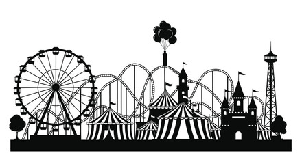 A striking black and white illustration depicts an amusement park skyline with a distinct silhouette high quality professional detailed modern elegant © CreativeAkash099
