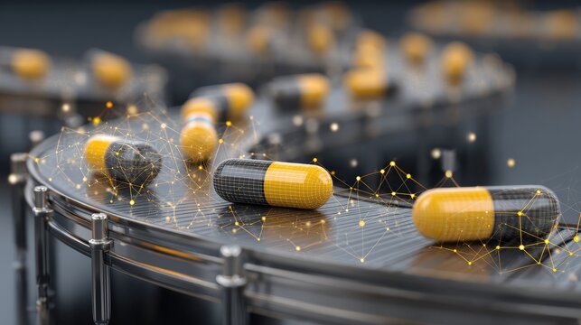 Close-up of Pharmaceutical Capsules on Conveyor Belt with Digital Network Connections Illustrating Modern Drug Manufacturing and Distribution Processes
